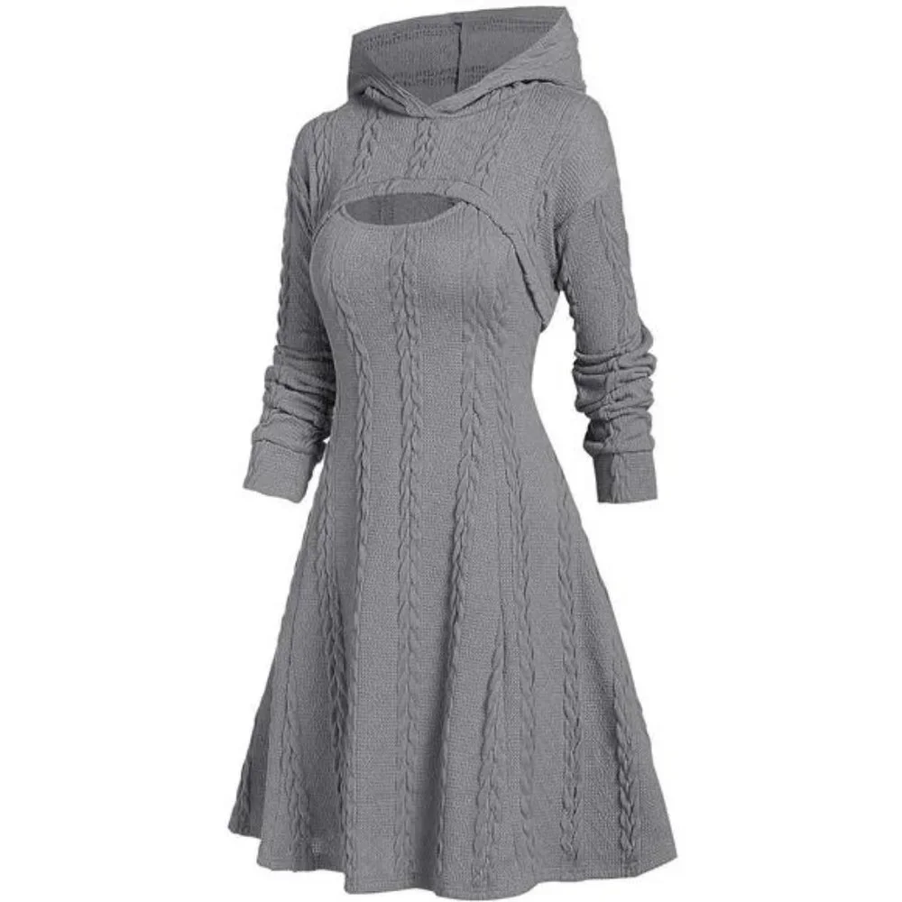 Women's Sweater Dress Two Piece Outfit Long Sleeve Hooded Sweater Dress
